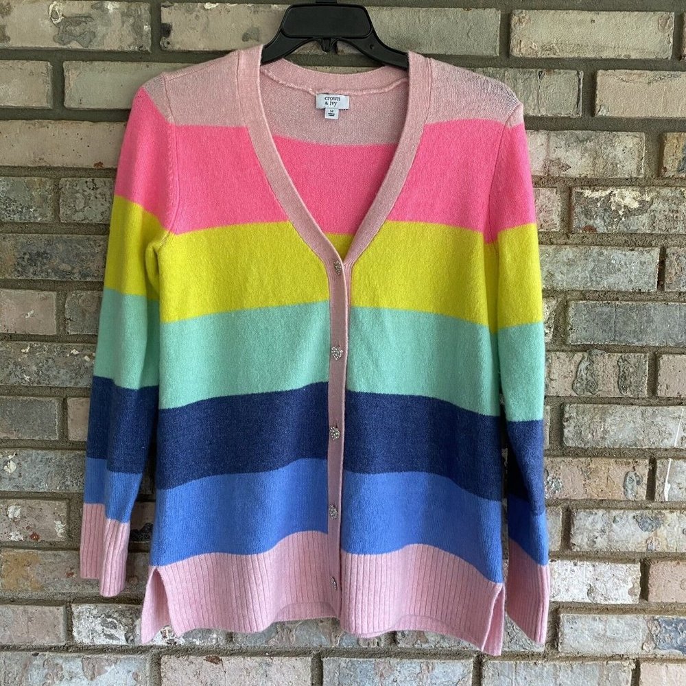Women’s Crown & Ivy Pink Thick Stripe Soft Cardigan Size Medium Rhinestone